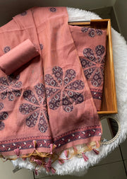 Purely Woven Pink Muga Cotton Unstitched Suit Set
